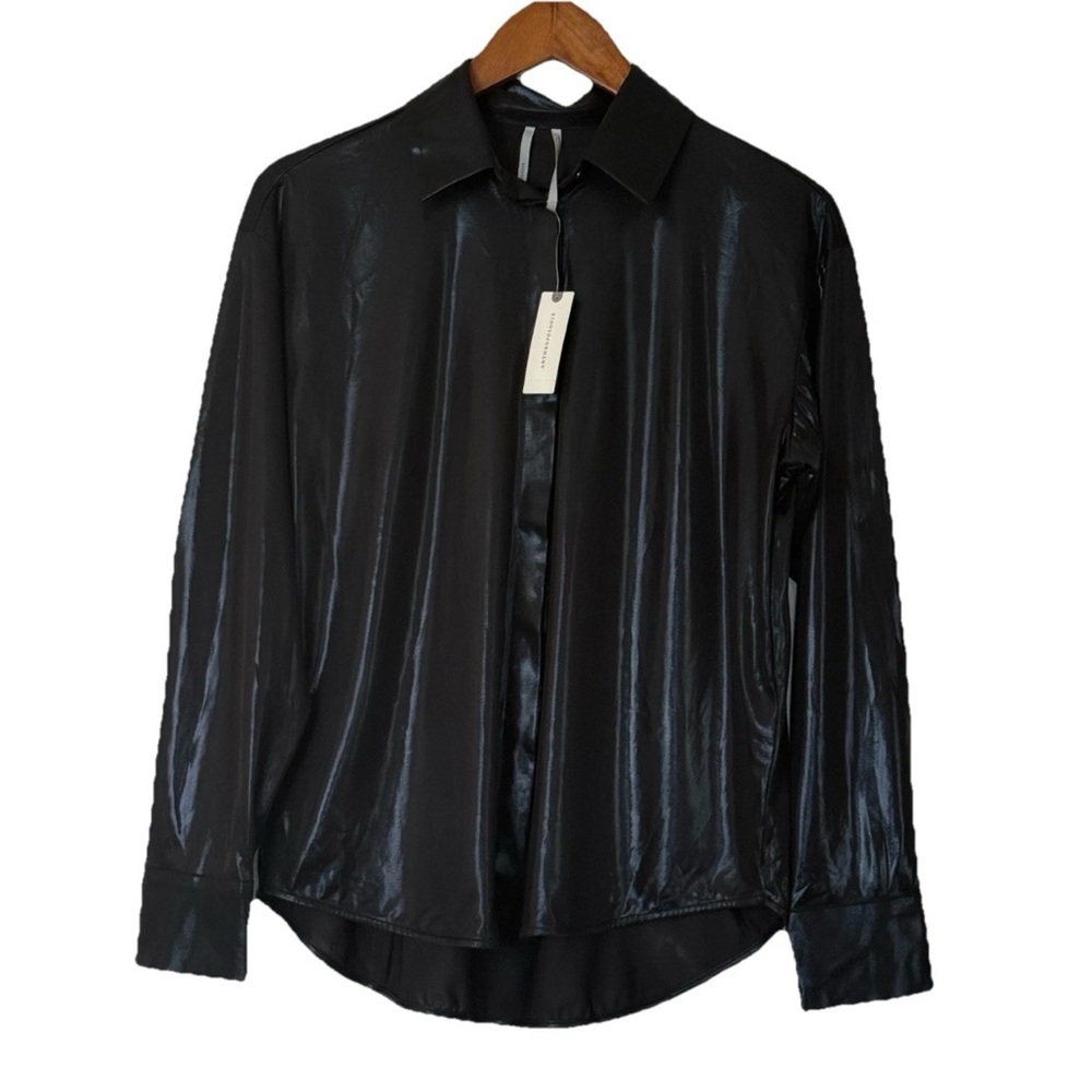 Anthropologie The Gillian Liquid Shine Buttondown Shirt Black Metallic, Sz S